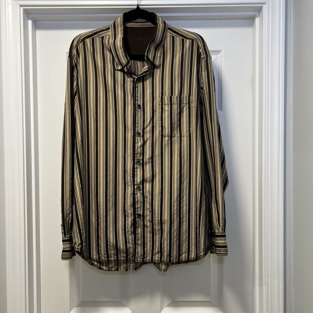 Tommy‎ Bahama silk stripe long sleeve brown blue yellow button up collar XL/TG